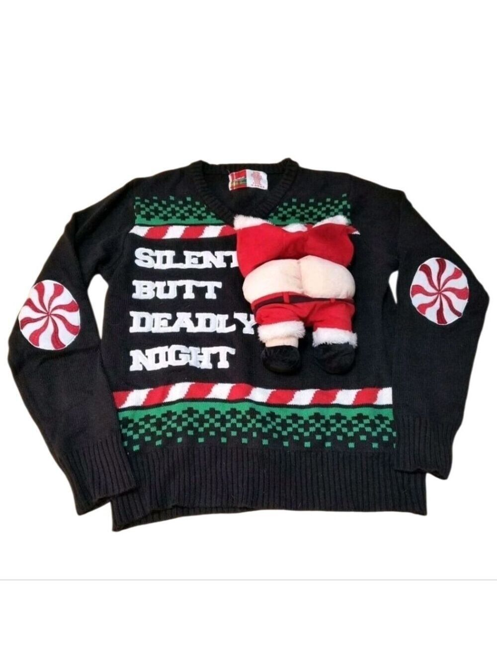 SPENCER'S Workshop SILENT BUTT DEADLY NIGHT funny UGLY Christmas Sweater LG